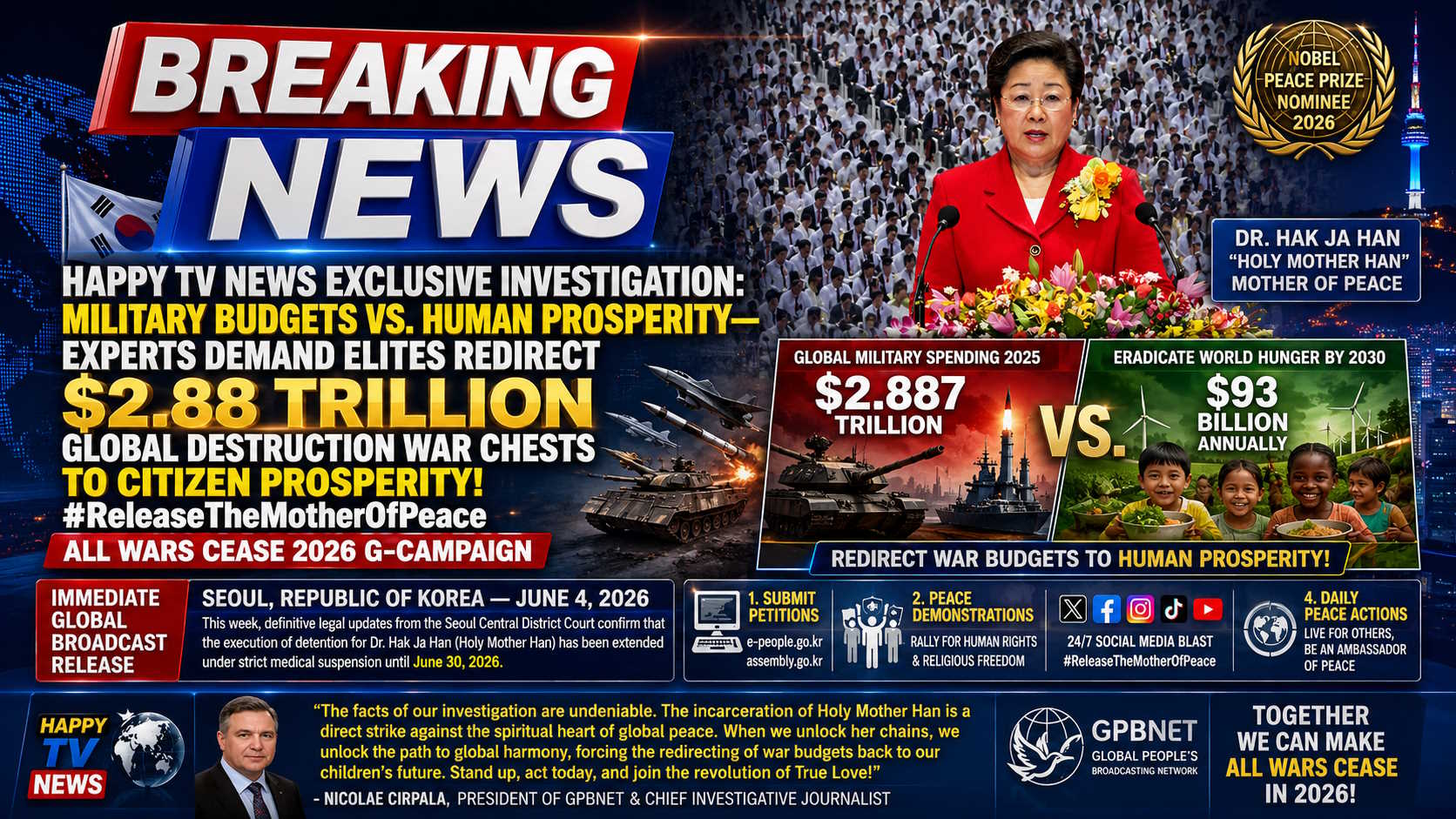 HAPPY TV NEWS EXCLUSIVE INVESTIGATION: MILITARY BUDGETS VS. HUMAN PROSPERITY—EXPERTS DEMAND ELITES REDIRECT $2.88 TRILLION GLOBAL DESTRUCTION WAR CHESTS TO CITIZEN PROSPERITY! #ReleaseTheMotherOfPeace ALL WARS CEASE 2026 G-Campaign