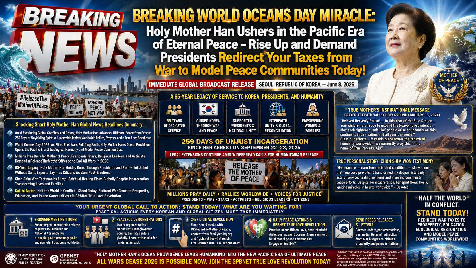 BREAKING WORLD OCEANS DAY MIRACLE: Holy Mother Han Ushers in the Pacific Era of Eternal Peace – Rise Up and Demand Presidents Redirect Your Taxes from War to Model Peace Communities Today!